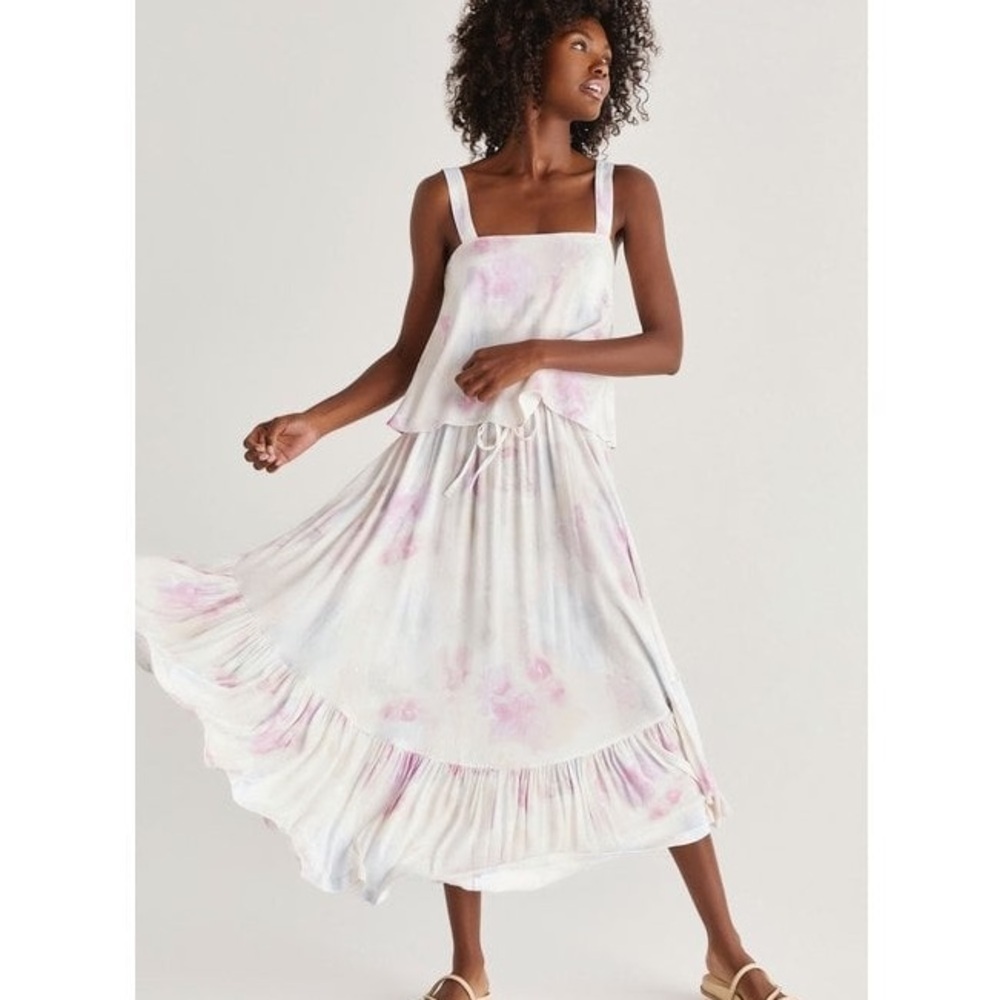Z Supply Diem Blurred Watercolor White Pink Green Cream Midi Ruffle Skirt Small